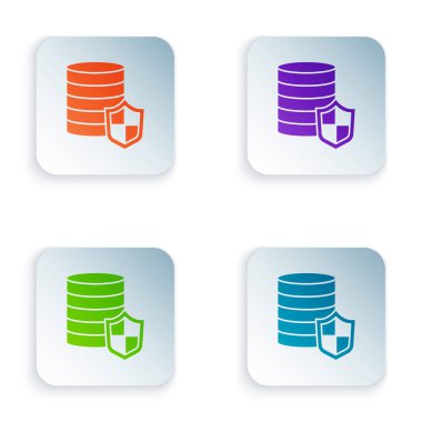 Beyaz arkaplanda kalkan simgesi olan renk parası. Sigorta konsepti. Güvenlik, güvenlik, koruma, konsept koruma. Kare düğmelere renkli simgeleri yerleştir. Vektör.