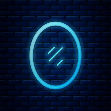 Parlayan neon ayna ikonu tuğla duvar arka planında izole edildi. Vektör.