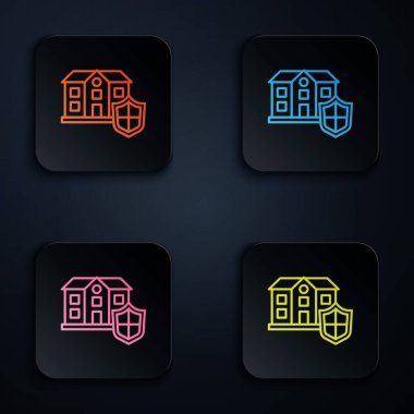Siyah zemin üzerinde kalkan simgesi olan renkli neon çizgili ev. Sigorta konsepti. Güvenlik, güvenlik, koruma, konsept koruma. Kare düğmelere simgeleri yerleştir. Vektör.