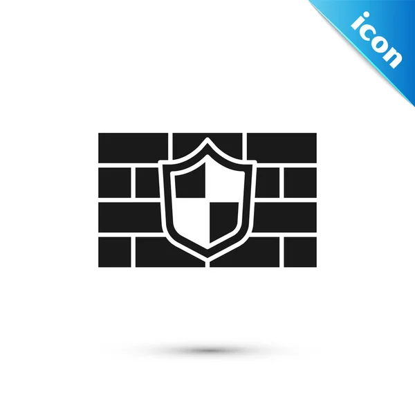Grau Schild Mit Cyber Sicherheit Ziegelwand Symbol Isoliert Auf Weißem — Stockvektor