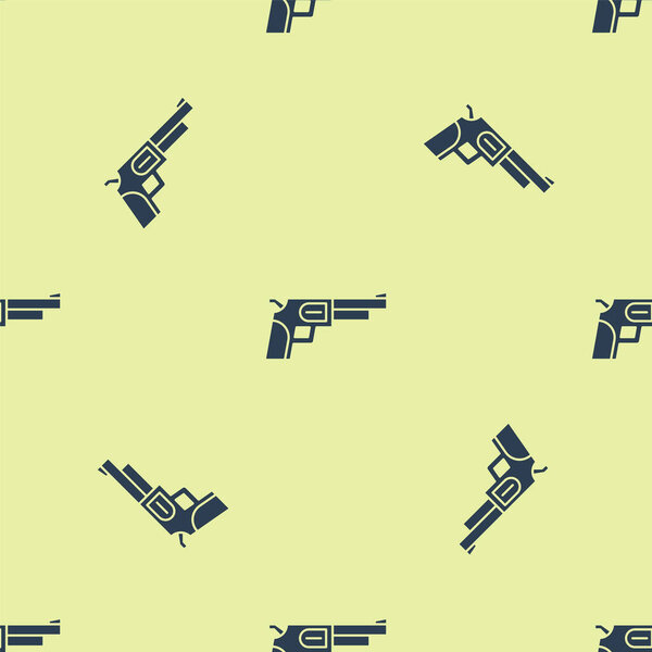 Blue Revolver gun icon isolated seamless pattern on yellow background.  Vector.