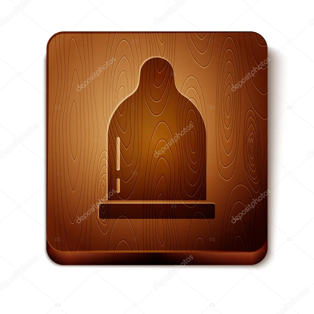 Brown Condom icon isolated on white background. Safe love symbol. Contraceptive method for male. Wooden square button. Vector.
