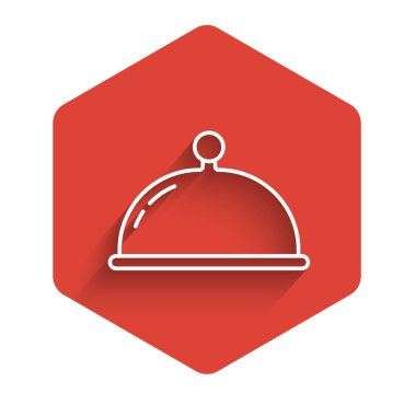 Uzun gölgeli bir tepsi yemek ikonu ile kaplanmış beyaz çizgi. Tepsi ve kapak işareti. Kapaklı bir restoran saati. Kırmızı altıgen düğmesi. Vektör.