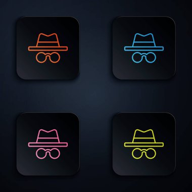 Renkli neon hattı İncognito kipi simgesi siyah arkaplanda izole edildi. Kare düğmelere simgeleri yerleştir. Vektör.