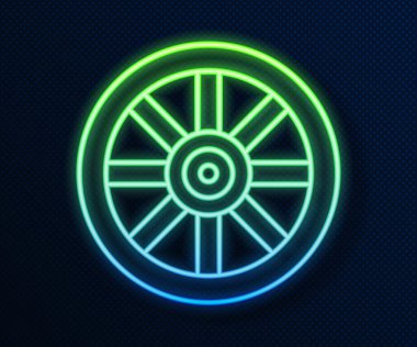 Parlayan neon hattı mavi arka planda izole edilmiş eski ahşap tekerlek simgesi. Vektör.