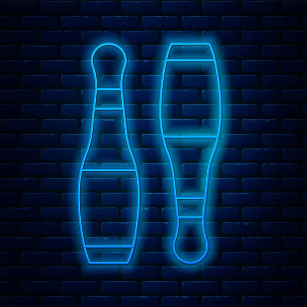 Glowing Neon Line Bowling Pin Icon Isolated Brick Wall Background — Stock Vector