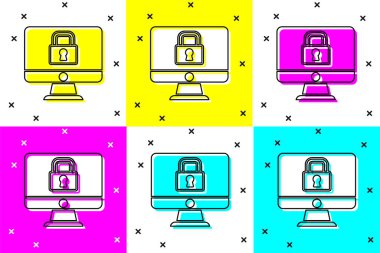 Bilgisayar monitörü ekranındaki kilidi renk arkaplanından izole et. Güvenlik, güvenlik, koruma kavramı. Güvenli bir ağ. Vektör.