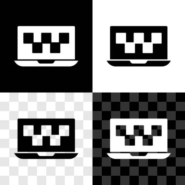 Laptop çağrı taksi servisi simgesini siyah beyaz, şeffaf arkaplanda izole et. Vektör.