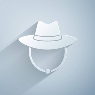 Kağıt kesiği, gri arka planda izole edilmiş Batı kovboy şapkası ikonu. Kağıt sanatı tarzı. Vektör.