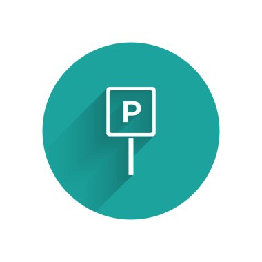 Beyaz Park simgesi uzun gölgeli izole edilmiş. Sokak tabelası. Yeşil daire düğmesi. Vektör.