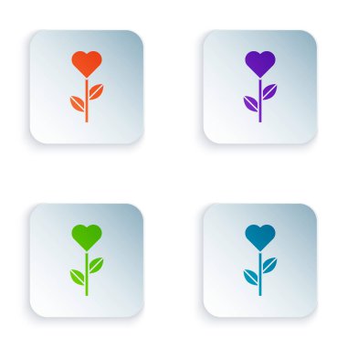 Beyaz arkaplanda izole edilmiş bir çiçek ikonundaki renk kalp şekli. Kare düğmelere renkli simgeleri yerleştir. Vektör.