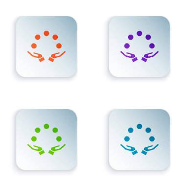 Beyaz arkaplanda renk jonglörlüğü topu simgesi izole edildi. Kare düğmelere renkli simgeleri yerleştir. Vektör.