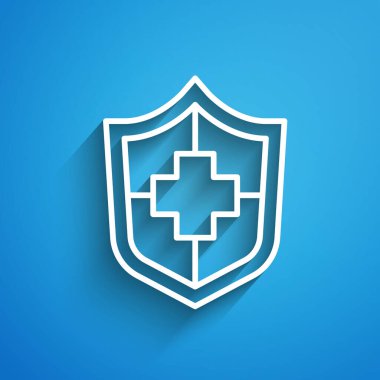 Beyaz çizgi Hayat Sigortası, mavi arka planda kalkan simgesi var. Güvenlik, güvenlik, koruma, konsept koruma. Uzun gölge. Vektör.