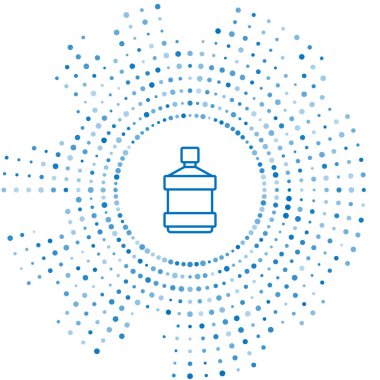 Mavi çizgi. Beyaz zemin üzerinde temiz su ikonu olan büyük şişe. Soğutucu için plastik kap. Soyut çember rastgele noktalar. Vektör.