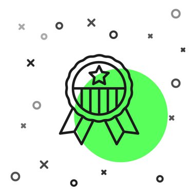 Beyaz zemin üzerinde yıldız simgesi olan siyah çizgi madalyası. Kazanan başarı işareti. Ödül madalyası. Vektör.