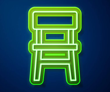 Parlayan neon çizgili sandalye simgesi mavi arkaplanda izole edildi. Vektör.