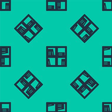 Kitap simgesine sahip mavi çizgi rafı yeşil arka planda izole edilmiş pürüzsüz desen. Raflar işaretli. Vektör.