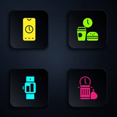 Zaman kaybı, alarmlı saat uygulama mobil, akıllı seğirme ve fast food. Siyah kare düğme. Vektör.