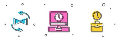 Eski kum saatini kumla, saati ve çalışma simgesini görüntüle. Vektör.