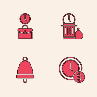 Set Zamanı para, iş zamanı, zaman kaybı ve zil ikonu. Vektör.