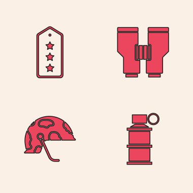 El bombası, askeri rütbe, dürbün ve kask ikonu yerleştirin. Vektör.