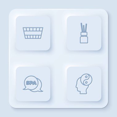 Sauna kovası, Aroma ayırıcı, Spa salonu ve Yin Yang. Beyaz kare düğme. Vektör.