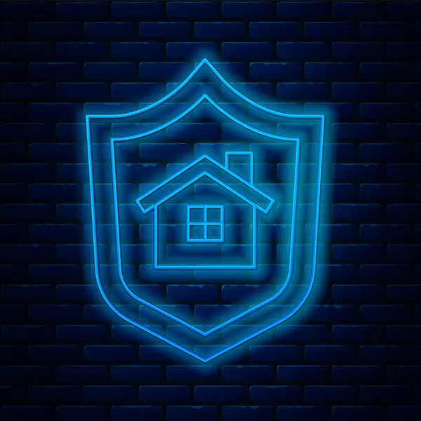 レンガの壁の背景に隔離されたシールドアイコンとネオンラインハウスを光る 保険の概念 セキュリティ 安全性 保護の概念 ベクトル — ストックベクタ