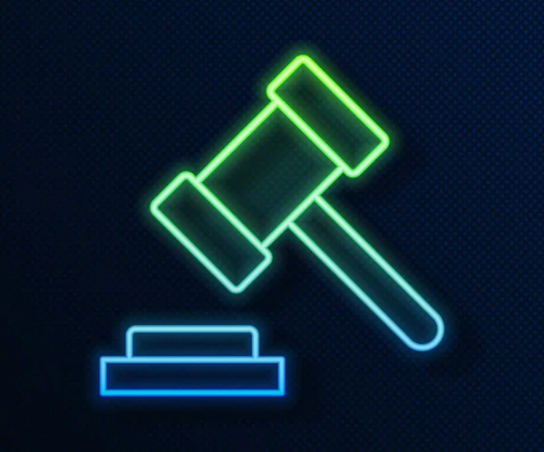 Świecąca Neon Linia Sędzia Młotek Ikona Izolowane Niebieskim Tle Gavel — Wektor stockowy