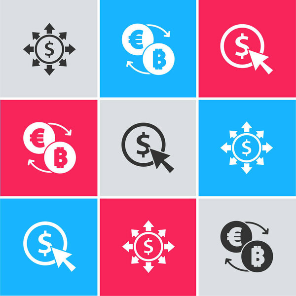 Набор, доля, сеть, обмен криптовалюты и монеты с иконкой доллара. Вектор.