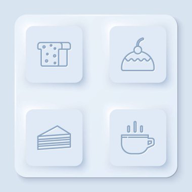 Ekmek tostu, kek ve kahve fincanı. Beyaz kare düğme. Vektör.