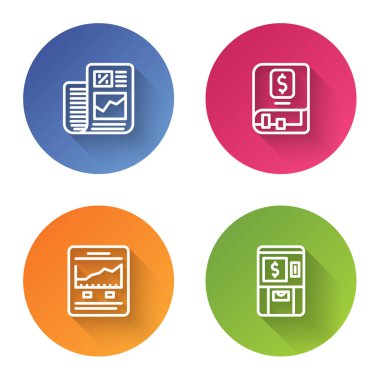 Set hattı işletme finans raporu, finans kitabı, büyüme grafiği, ATM ve paralı web sitesi. Renkli daire düğmesi. Vektör.