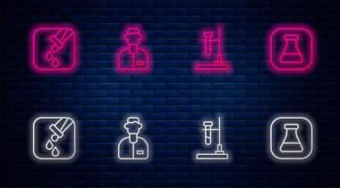 Laboratuvar asistanı, deney tüpü tüpünü ateşe ver ve... Tuğla duvarda parlayan neon simgesi. Vektör.