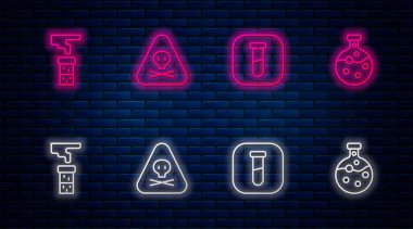 Üçgen uyarı toksik, test tüpü ve matara ayarlayın. Tuğla duvarda parlayan neon simgesi. Vektör.