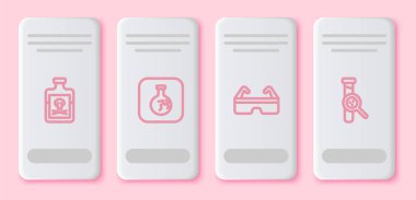 Şişe zehirlenmesi, kırık matara, güvenlik gözlüğü ve test tüpü. Beyaz dikdörtgen düğme. Vektör.