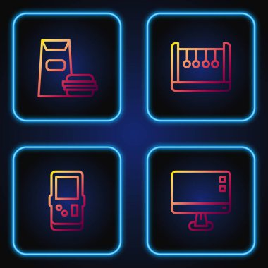 Hat monitörünü, Tetris 'i, Burger' i ve Sarkacı ayarla. Renk simgeleri. Vektör.