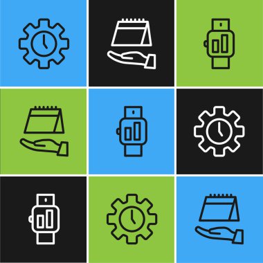 Satır Zaman Yönetimi, Smartwatch ve Takvim simgesini ayarla. Vektör.