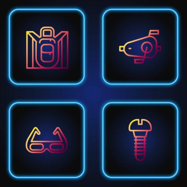 Metalik vida, spor bisiklet gözlüğü, yürüyüş sırt çantası ve bisiklet pedalları. Renk simgeleri. Vektör.