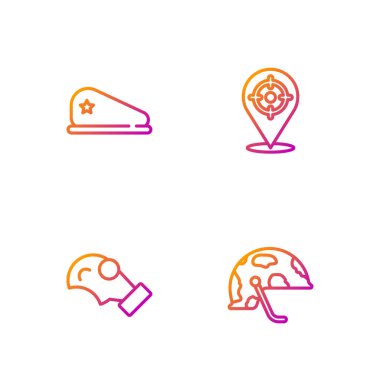 Askeri miğfer, gaz maskesi, bere ve hedef sporu. Renk simgeleri. Vektör.