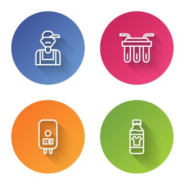 Hat hattı, su filtresi, elektrikli kazan ve temizleme maddesi için şişe ayarlayın. Renkli daire düğmesi. Vektör.