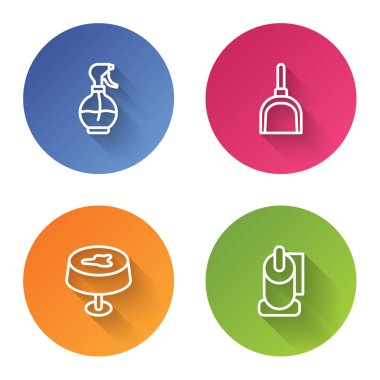 Hattı ayarla. Su püskürtme şişesi, faraş, masa örtüsünde leke ve tuvalet kağıdı rulosu. Renkli daire düğmesi. Vektör.