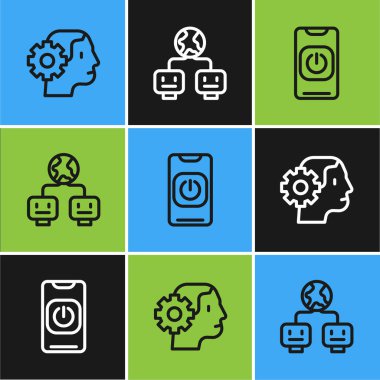 İnsansı robot hattını ayarla, telefonu ve Yapay Zeka simgesini kapat. Vektör.