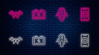 Batarya, Robot, Drone ve kapat robotu telefondan. Tuğla duvarda parlayan neon simgesi. Vektör.