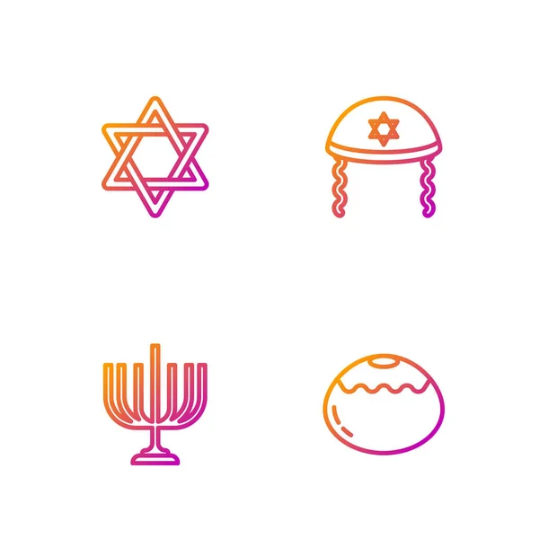 设置一系列犹太人甜食烘焙 光明节 大卫之星和Kippah 明亮的色彩图标 — 图库矢量图片