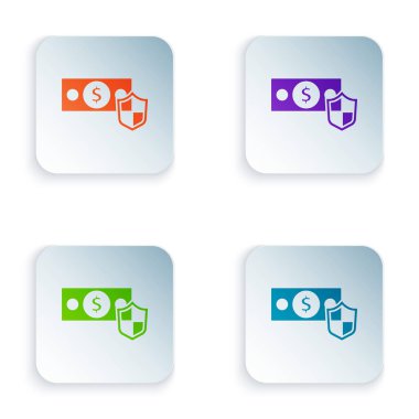 Beyaz arkaplanda kalkan simgesi olan renk parası. Sigorta konsepti. Güvenlik, güvenlik, koruma, konsept koruma. Kare düğmelere renkli simgeleri yerleştir. Vektör.