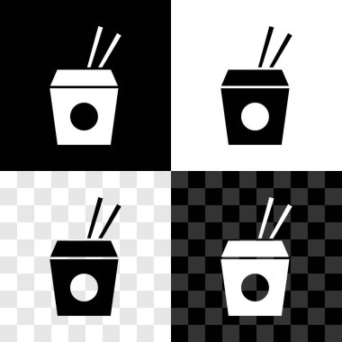 Asya eriştelerini karton kutuya koy ve yemek çubukları simgesini siyah beyaz, şeffaf arka planda izole et. Sokak yemeği. Kore, Japon, Çin yemekleri. Vektör.