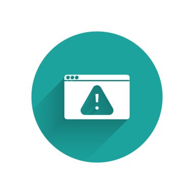 Ünlem işareti simgesi olan beyaz tarayıcı uzun gölgeli izole edilmiş. Uyarı mesajı akıllı telefon uyarısı. Yeşil daire düğmesi. Vektör.