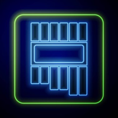 Parlayan neon flüt simgesi mavi arkaplanda izole edildi. Geleneksel Peru müzik aleti. Zampona. Peru, Bolivya ve Meksika 'dan halk enstrümanı. Vektör.