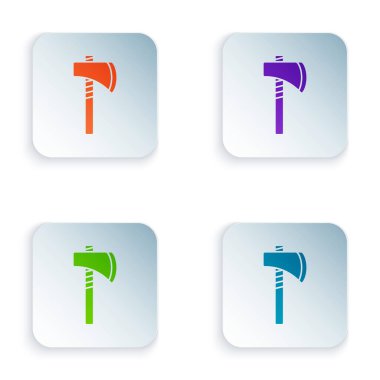 Beyaz arka planda izole edilmiş renkli Kızılderili baltası ikonu. Kare düğmelere renkli simgeleri yerleştir. Vektör.