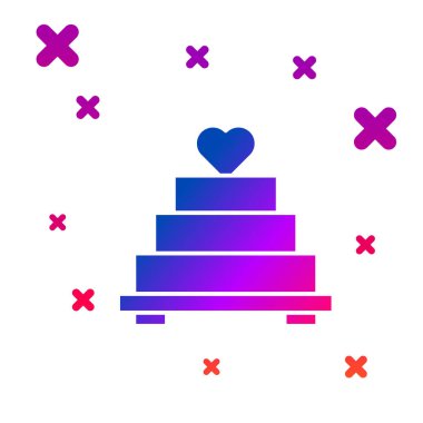 Beyaz arka planda kalp ikonu olan renkli düğün pastası. Kademeli rastgele dinamik şekiller. Vektör.