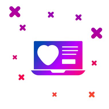 Renk Bulma uygulaması çevrimiçi dizüstü bilgisayar konsepti simgesi beyaz arkaplanda izole edildi. Kadın erkek profili düz tasarım. Çift ilişki için eşleşiyor. Kademeli rastgele dinamik şekiller. Vektör.